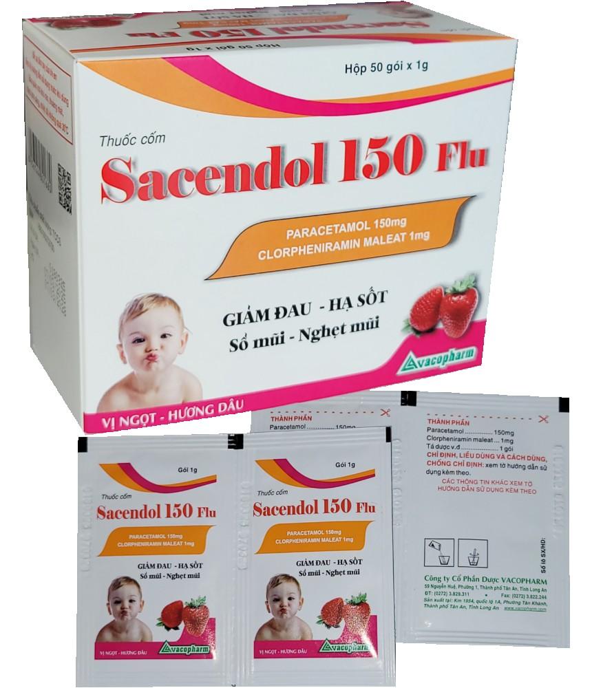 5472. SACENDOL 150 FLU - (Paracetamol 150mg + Clorpheniramin maleat 1mg) - [Thùng 72 Hộp; Hộp 50 Gói; Gói 1 G] Vacopharm - Việt Nam