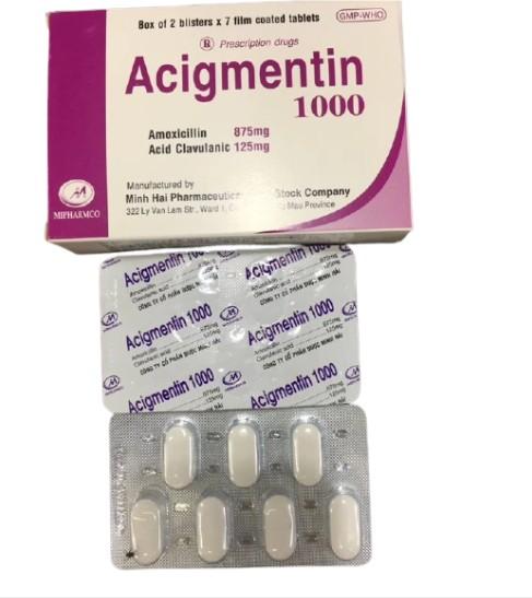 3292. Acigmentin 1000 - (Amoxicillin 875mg + Acid Clavulanic 125mg) - [Thùng 192 Hộp; Hộp 2 Vỉ; Vỉ 7 Viên] Minh Hải - Việt Nam