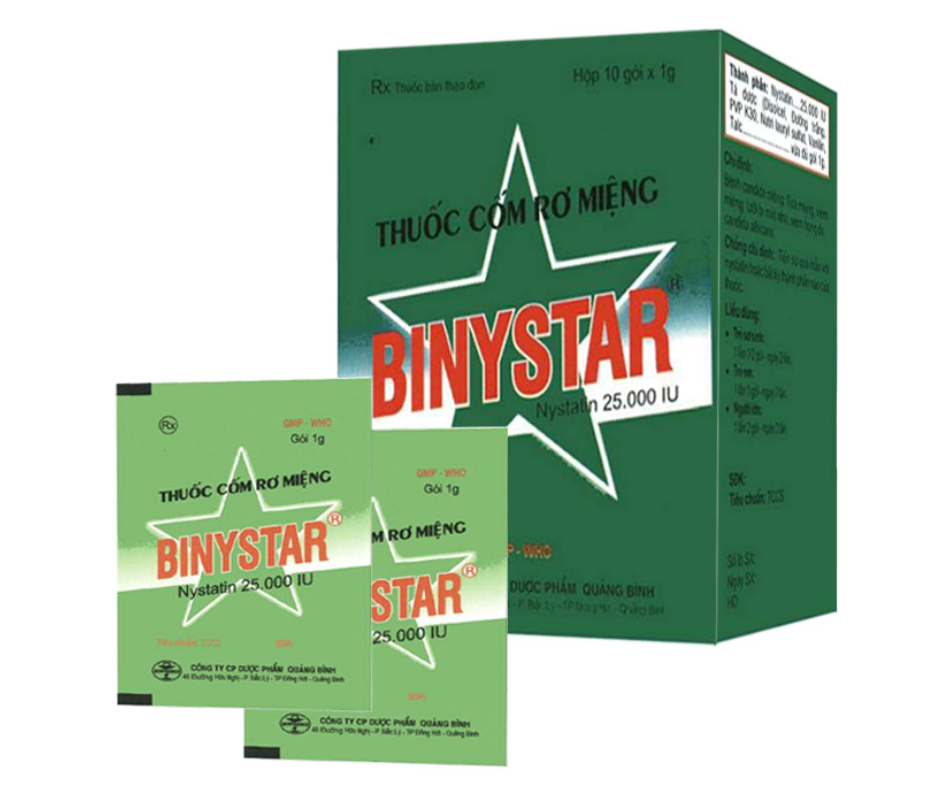 1085. Thuốc Cốm Rơ Miệng Binystar - (Nystatin 25.000UI) - [Thùng 192 hộp; hộp 10 g; g 1 gói] Quảng Bình - Việt Nam