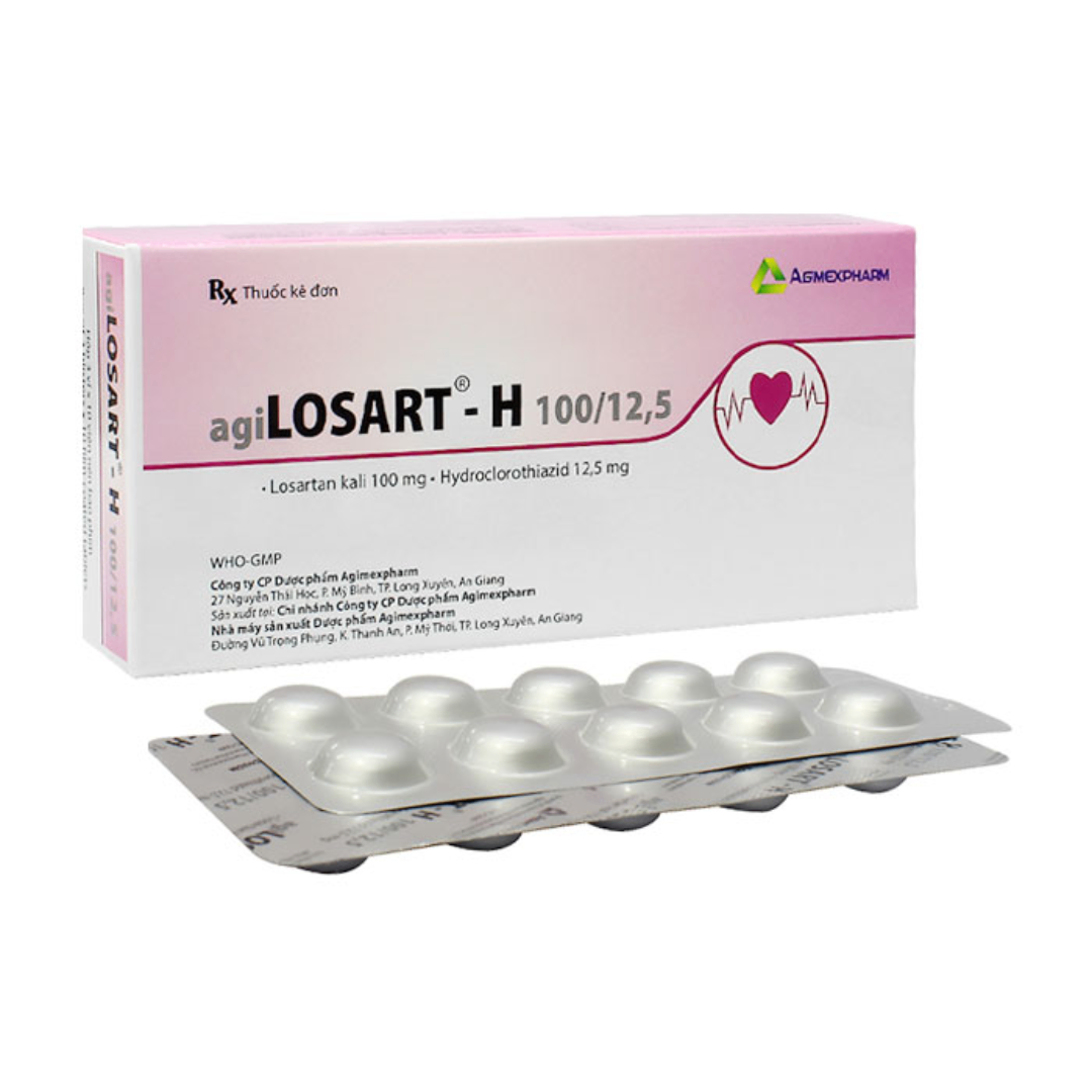 1139. Agilosart-H 100/12,5 - (Losartan kali 100mg + Hydroclorothiazid 12.5mg) - [Thùng 192 Hộp; Hộp 3 Vỉ; Vỉ 10 Viên] Agimexpharm - Việt Nam