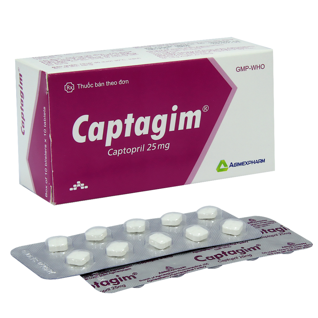 1144. Captagim - (Captopril 25mg) - [Thùng 140 Hộp; Hộp 10 Vỉ; Vỉ 10 Viên] Agimexpharm - Việt Nam