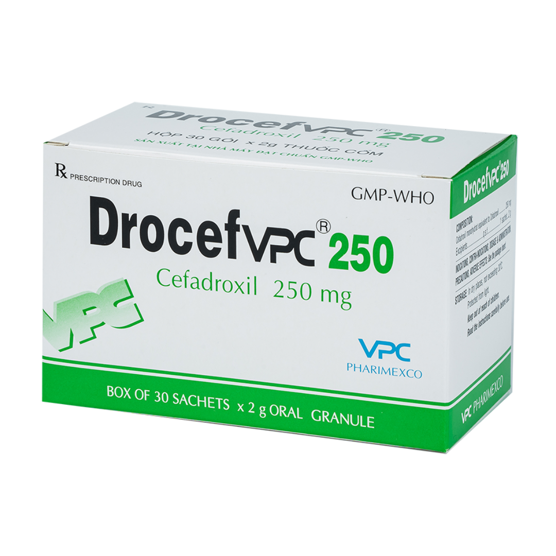 1279. Drocef Vpc 250 - (Cefadroxil 250mg) - [Thùng 48 hộp; hộp 30 gói; gói 2 g] Cửu Long - Việt Nam