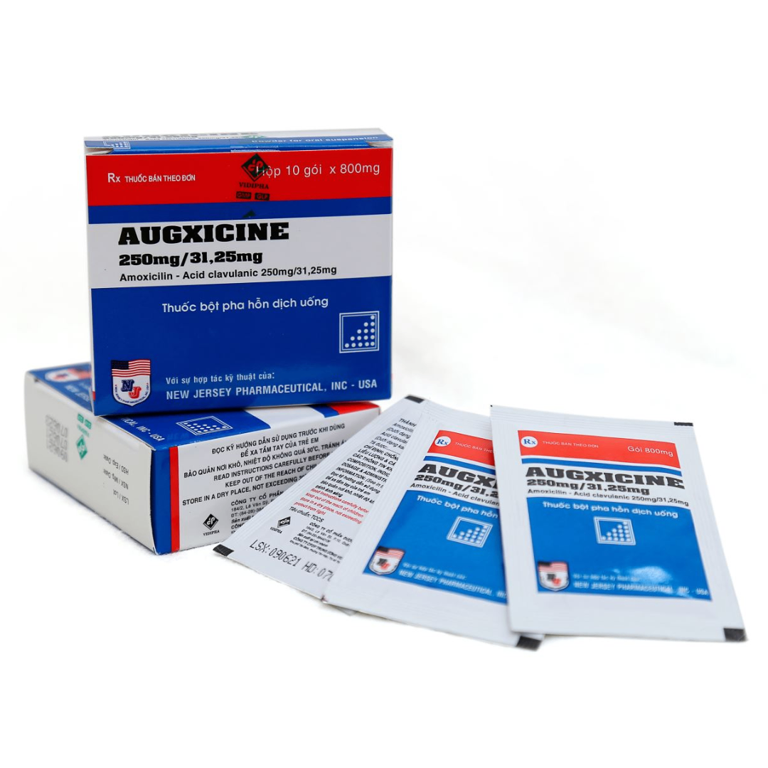 1320. Augxicine 250Mg/31,25Mg - (Amoxicilin 250mg + Acid clavulanic 31.25mg) - [Thùng 210 hộp; hộp 10 gói; gói 800 mg] Vidipha - Việt Nam