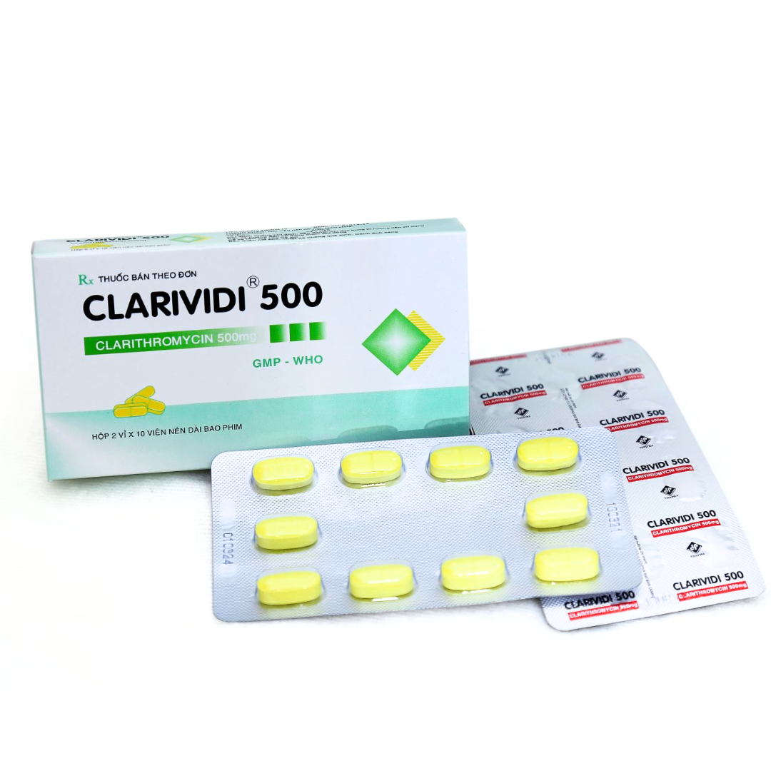 1339. Clarividi 500 - (Clarithromycin 500mg) - [Thùng 90 Hộp; Hộp 10 Vỉ; Vỉ 10 Viên] Vidipha - Việt Nam