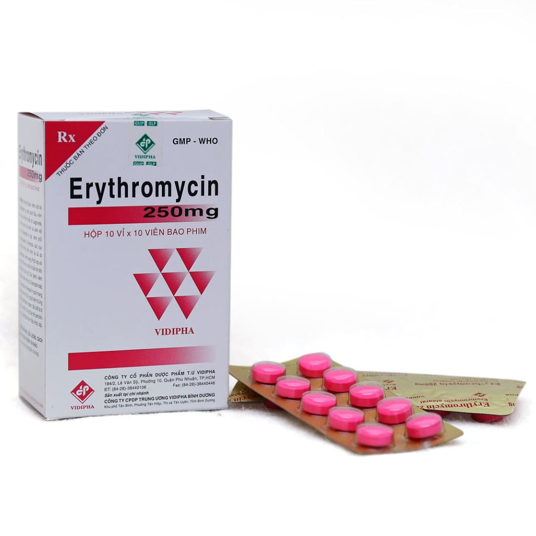 1344. Erythromycin 250Mg - (Erythromycin 250mg) - [Thùng 100 hộp; hộp 10 vỉ; vỉ 10 viên] Vidipha - Việt Nam