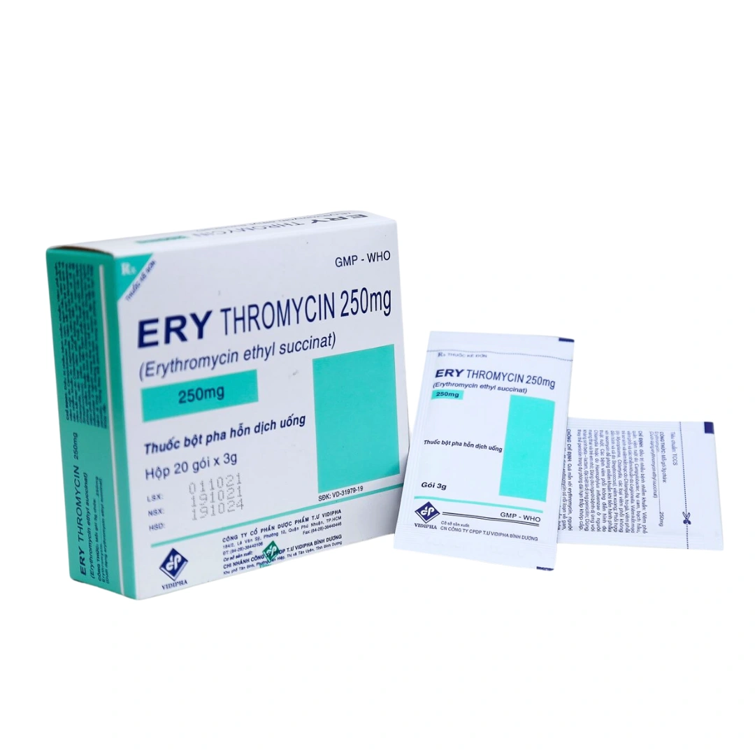 1343. Erythromycin 250Mg - (Erythromycin 250mg) - [Hôp 20 gói; gói 3 g] Vidipha - Việt Nam