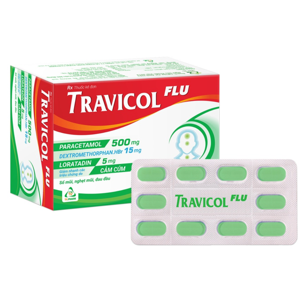 1386. Travicol Flu - (Paracetamol 500mg + Loratadin 5mg + Dextromethorphan.HBr 15mg) - [Thùng 60 Hộp; Hộp 10 Vỉ; Vỉ 10 Viên] Trà Vinh - Việt Nam