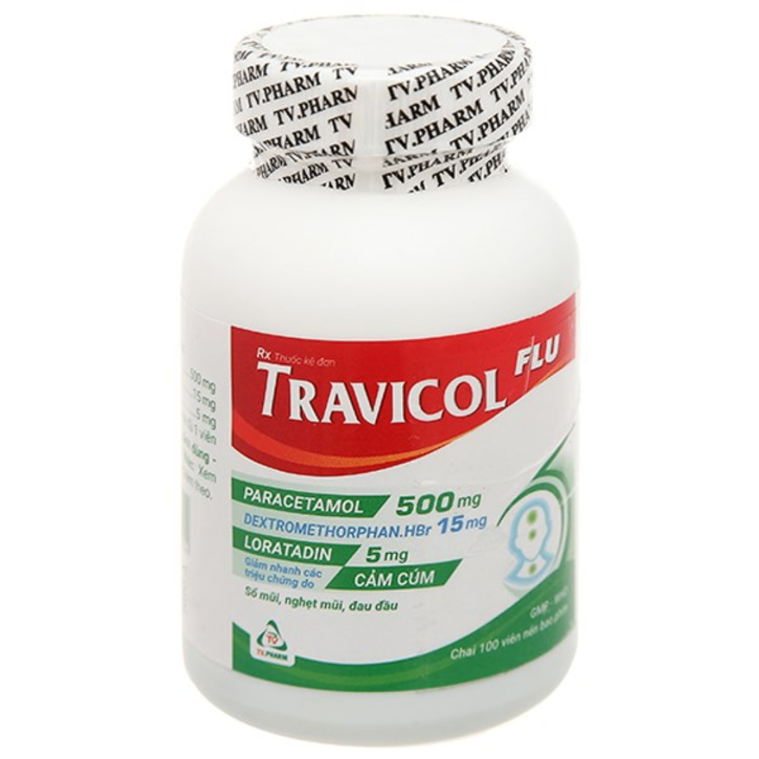 1387. Travicol Flu - (Paracetamol 500mg + Loratadin 5mg + Dextromethorphan.HBr 15mg) - [Thùng 60 Chai; Chai 100 Viên] Trà Vinh - Việt Nam