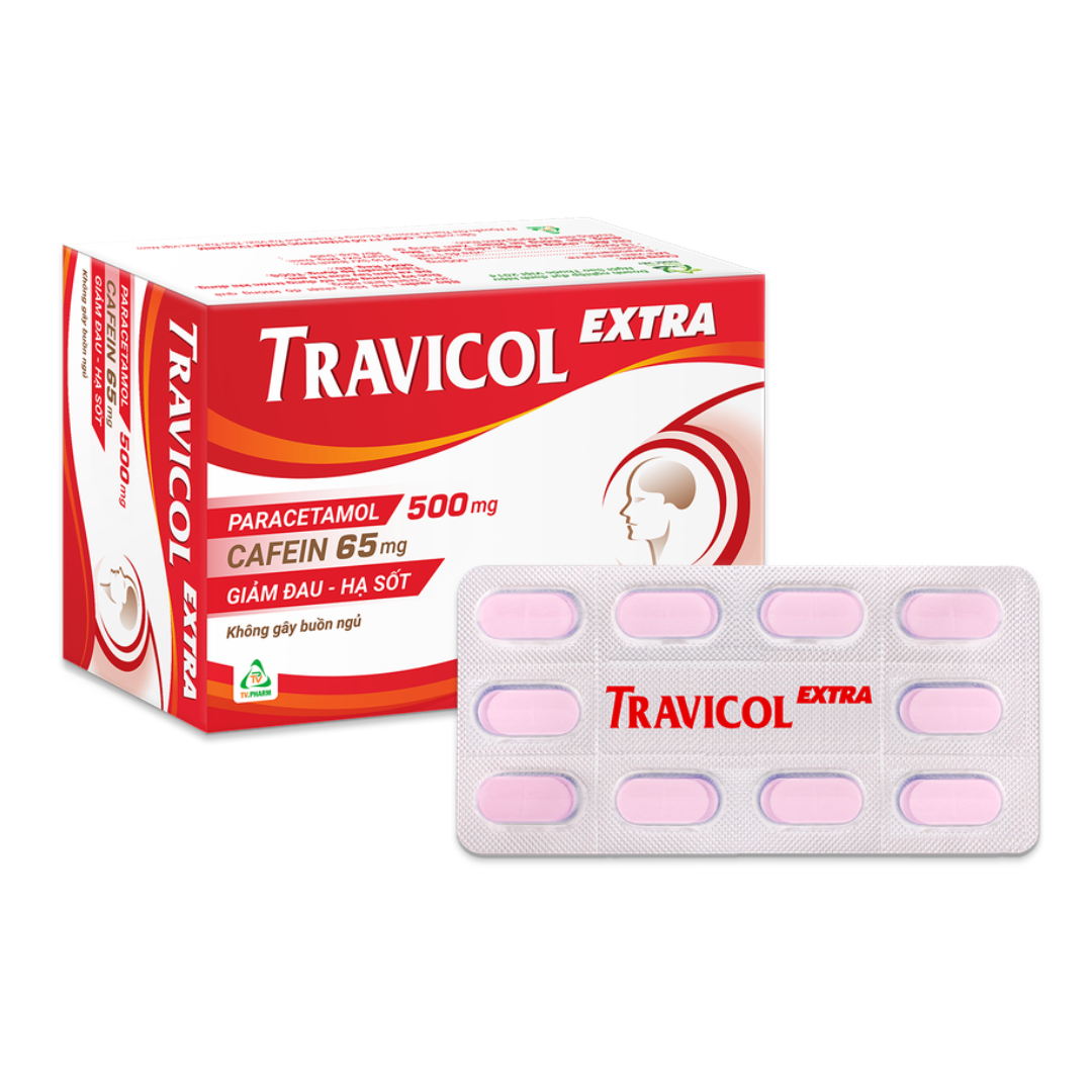 1391. Travicol Extra - (Paracetamol 500mg + Cafein 65mg) - [Thùng 60 Hộp; Hộp 10 Vỉ; Vỉ 10 Viên] Trà Vinh - Việt Nam