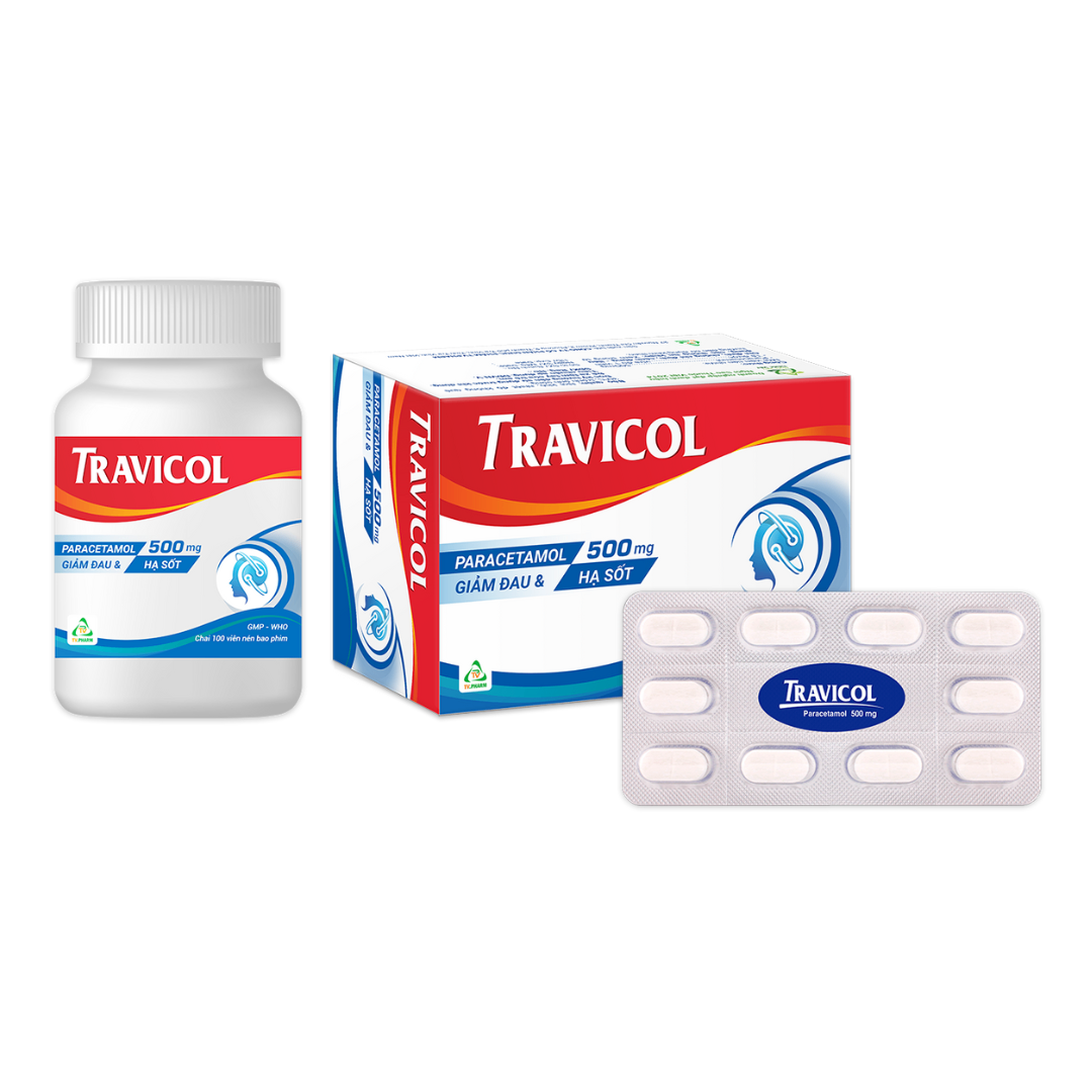 1392. Travicol - (Paracetamol 500mg) - [Thùng 60 Hộp; Hộp 10 Vỉ; Vỉ 10 Viên] Trà Vinh - Việt Nam