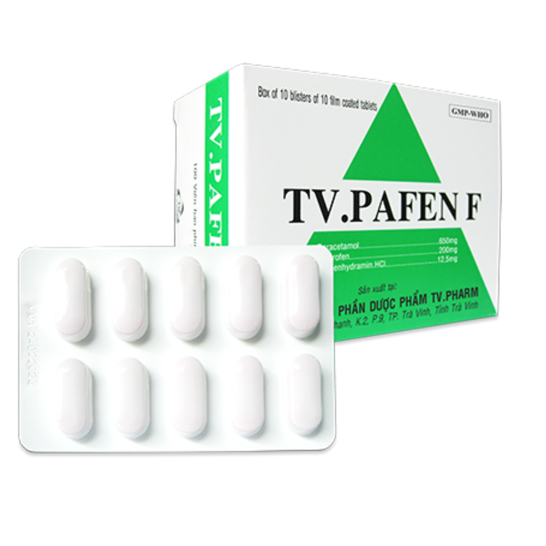 1393. Tv.pafen F - (Paracetamol 650mg + Ibuprofen 200mg + Diphenhydramin HCL 12.5mg) - [Thùng 56 hộp; hộp 10 vỉ; vỉ 10 viên] Trà Vinh - Việt Nam