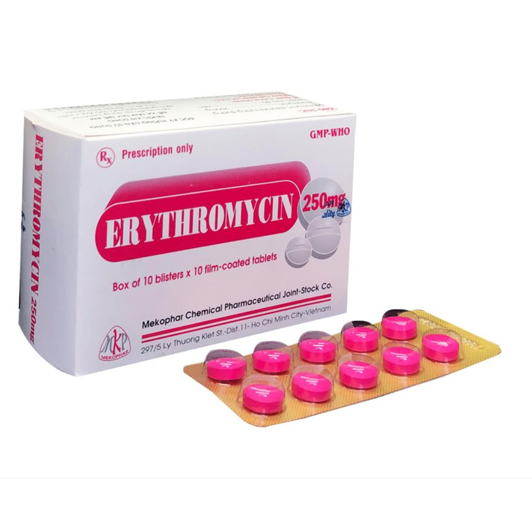 1427. Erythromycin 250mg Vbf - (Erythromycin 250mg) - [Thùng 63 Hộp; Hộp 10 Vỉ; Vỉ 10 Viên] Mekophar - Việt Nam