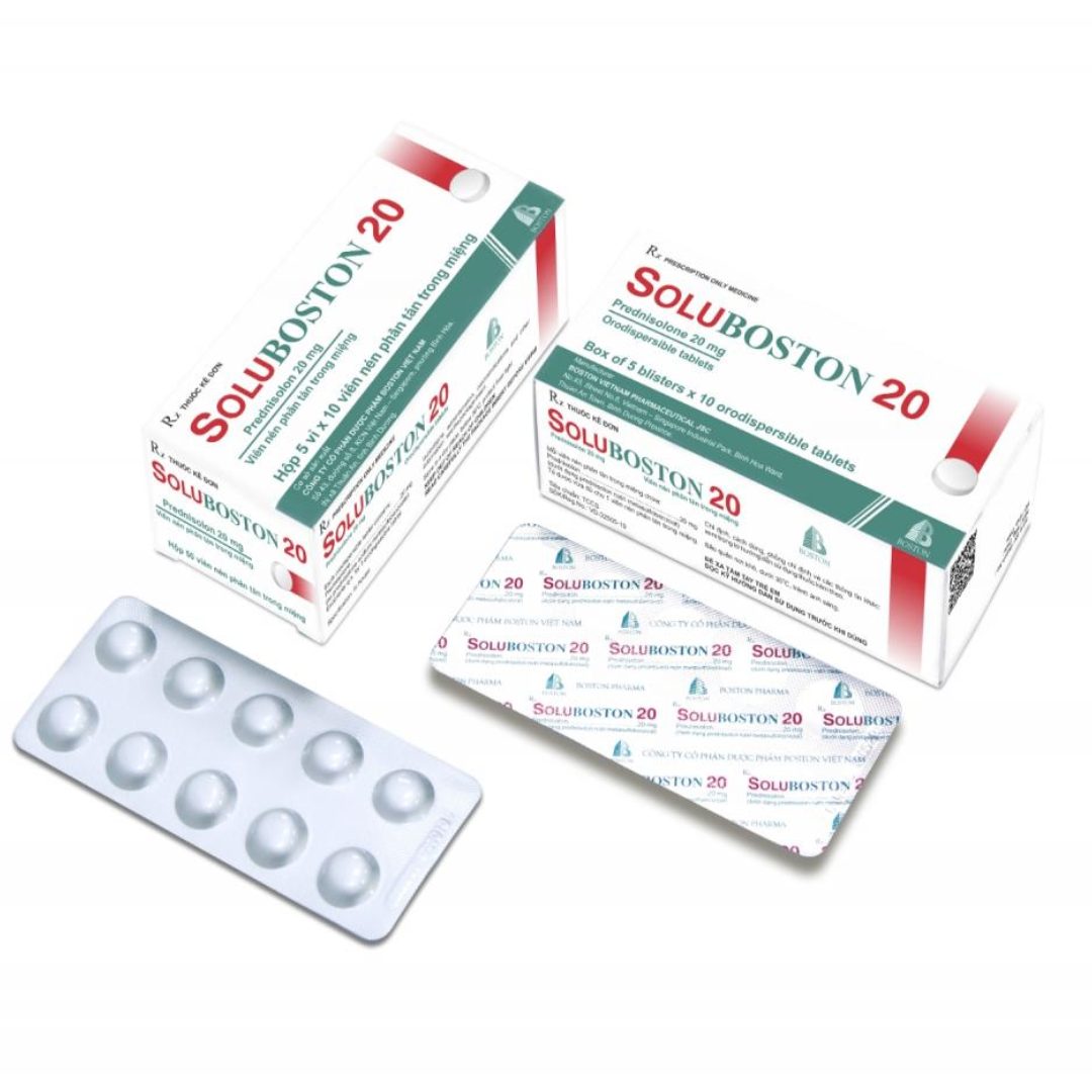 1645. Soluboston 20 - (Prednisolon 20mg) - [Thùng 128 Hộp; Hộp 5 Vỉ; Vỉ 10 Viên] Bostonpharma - Việt Nam