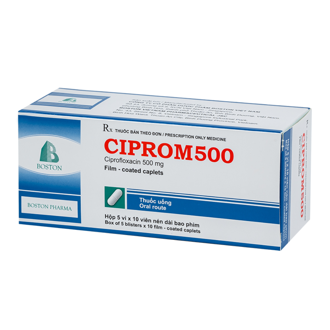 1715. Ciprom 500 - (Ciprofloxacin 500mg) - [Thùng 90 hộp; hộp 5 vỉ; vỉ 10 viên] Bostonpharma - Việt Nam