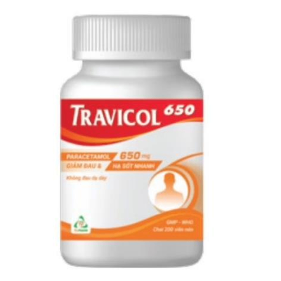 1390. Travicol 650 - (Paracetamol 650mg) - [Thùng 56 Chai; Chai 200 Viên] Trà Vinh - Việt Nam