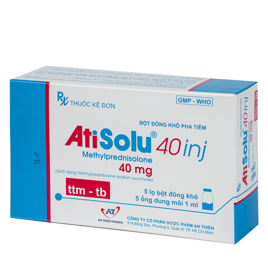 1758. Atisolu 40 Inj. - (Methylprednisolon (dưới dạng Methylprednisolon natri succinat) 40mg) - [Thùng 96 Hộp; Hộp 55 (lọ + ống)] An Thiên - Việt Nam