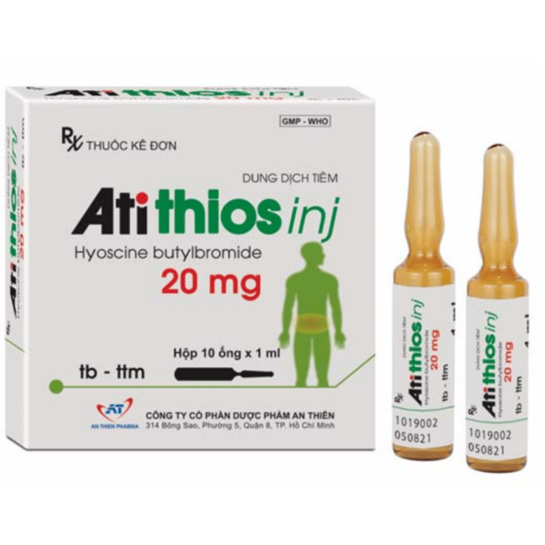 1797. Atithios Inj - (Hyoscine butylbromid 20mg/1ml) - [Thùng 216 Hộp; Hộp 10 Ml; ống 1 ml] An Thiên - Việt Nam