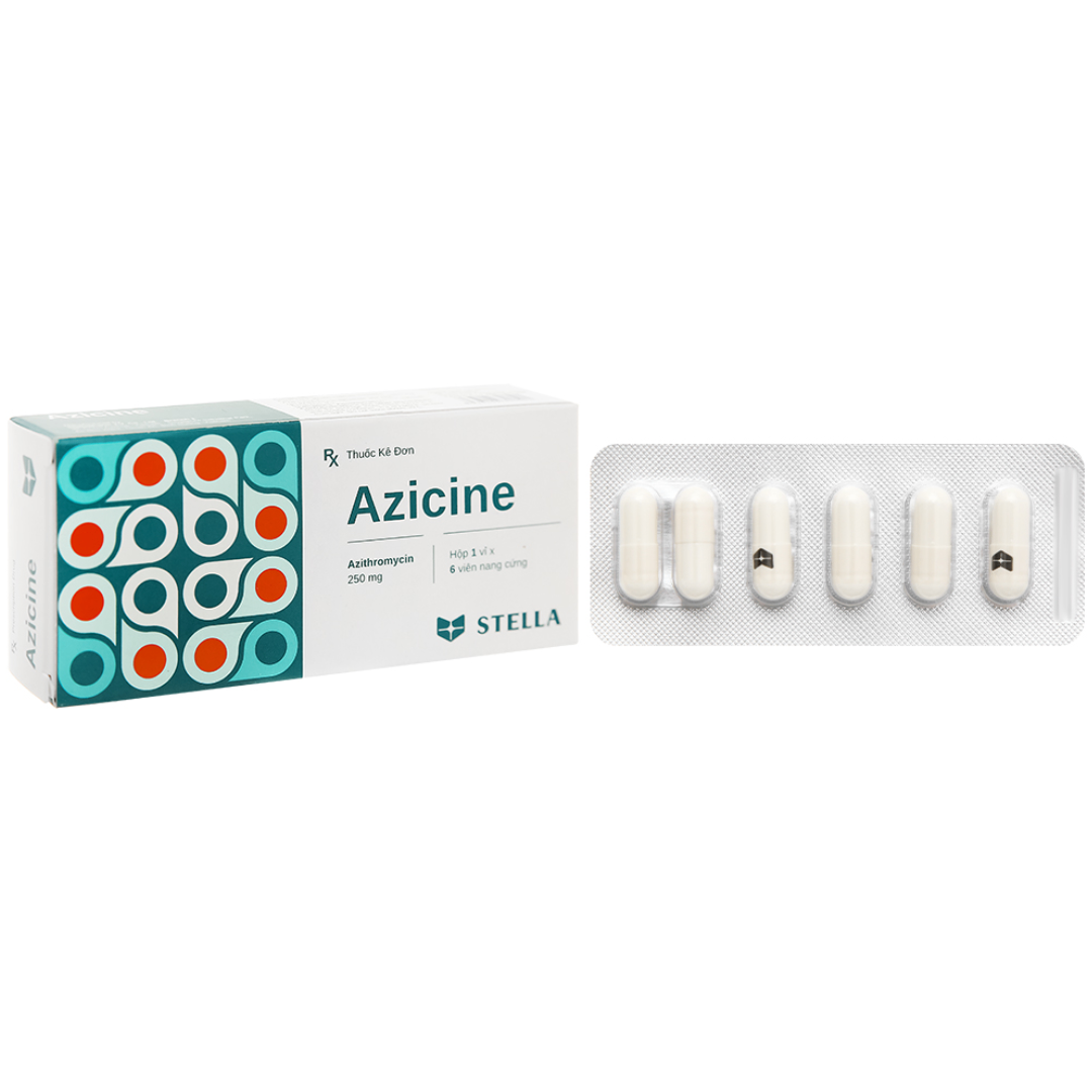 2020. Azicine - (Azithromycin dihydrate 250mg) - [Thùng 450 vỉ; vỉ 1 hộp; hộp 6 viên] Stella - Việt Nam