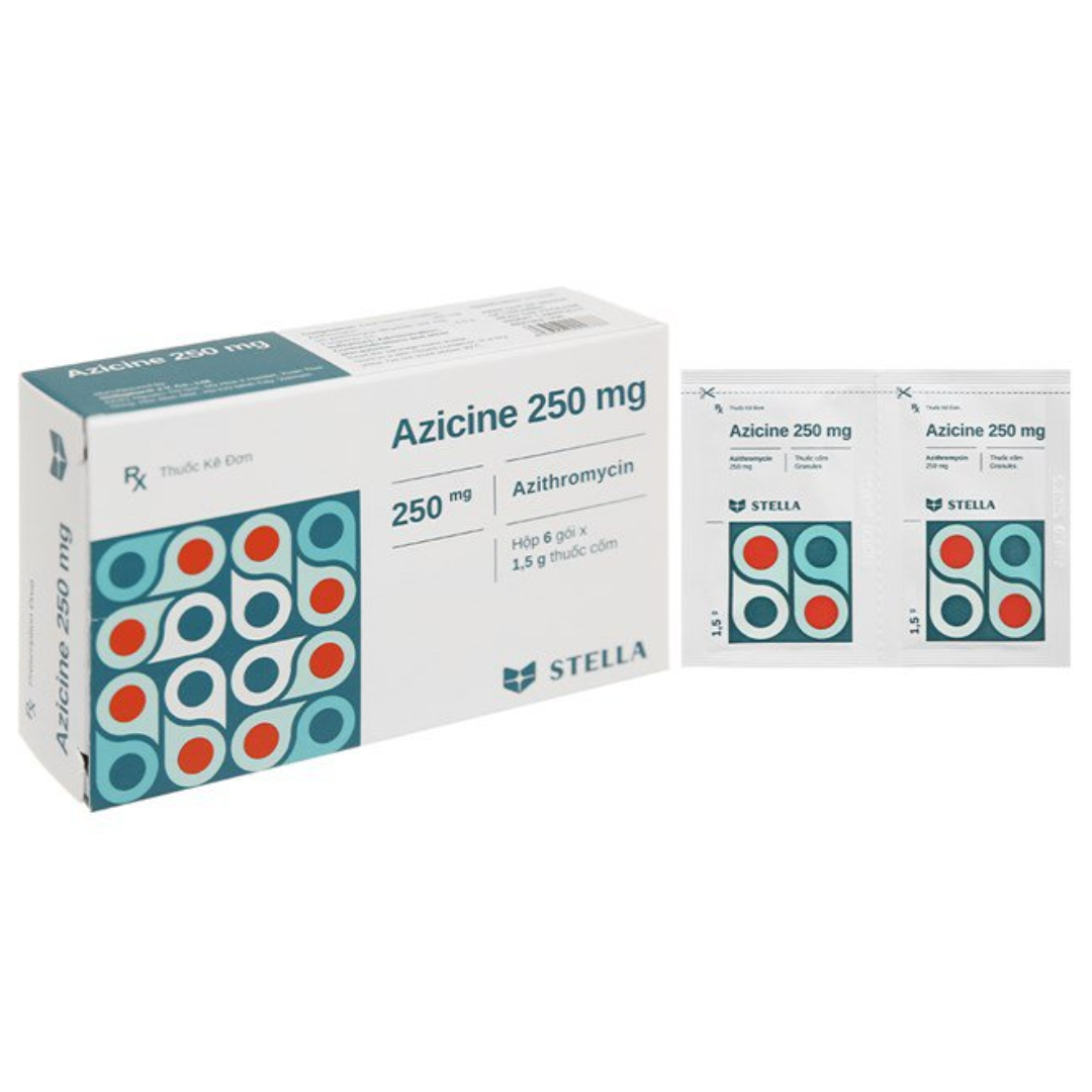 2021. Azicine 250Mg - (Azithromycin dihydrate 250mg) - [Thùng 360 Hộp; Hộp 6 Gói; Gói 1.5 G] Stella - Việt Nam