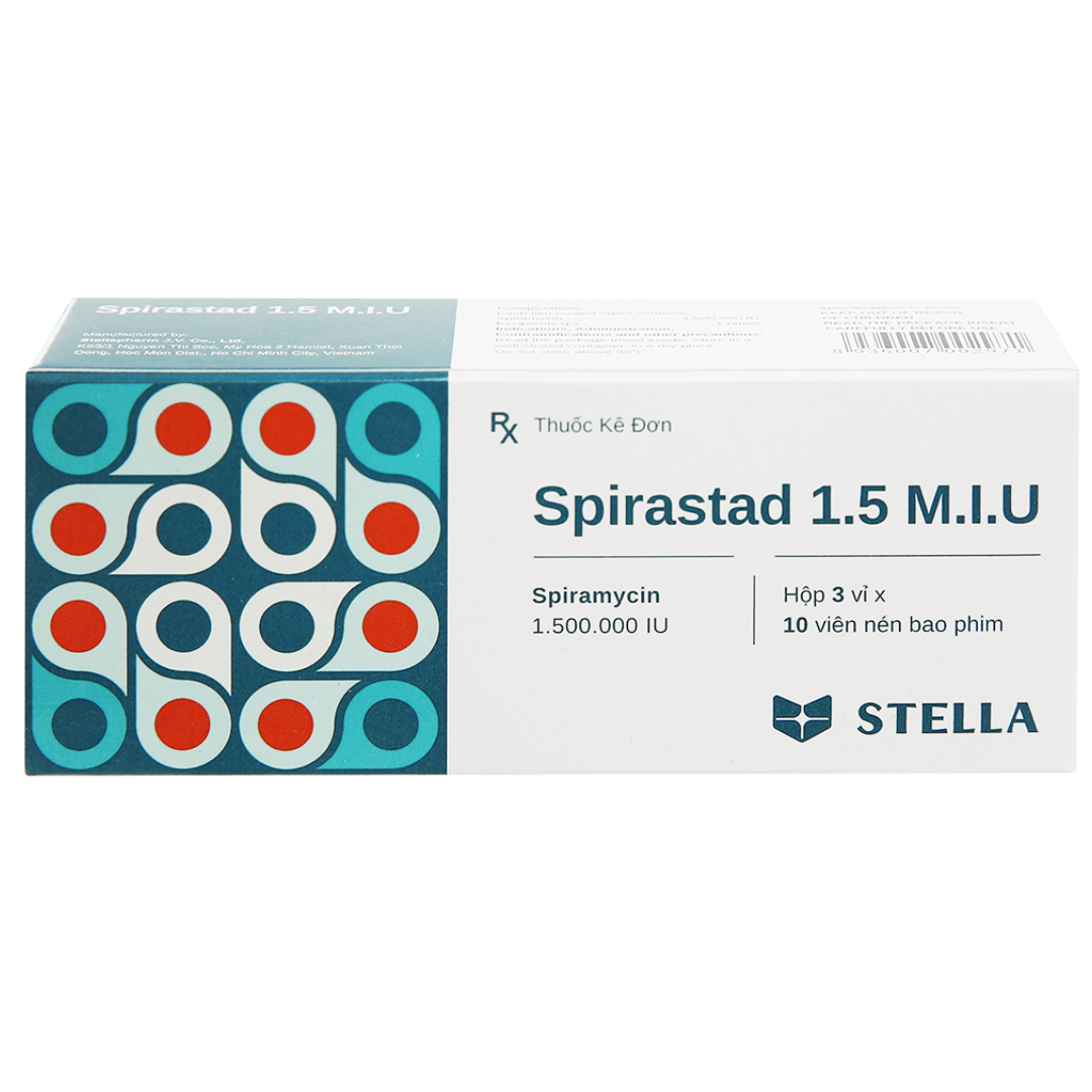 2028. Spirastad 1.5 M.i.u - (Spiramycin 500.000IU) - [Thùng 280 Hộp; Hộp 3 Vỉ; Vỉ 10 Viên] Stella - Việt Nam