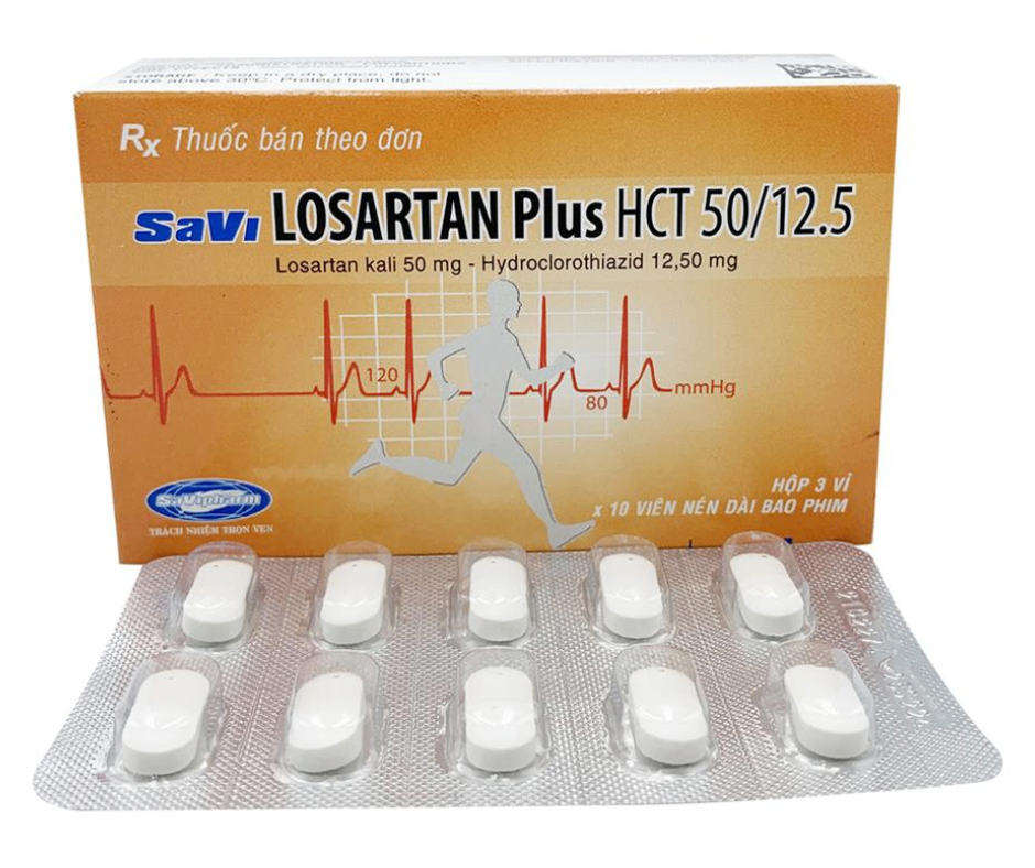2553. Savi Losartan Plus Hct 50/12.5 - (Losartan kali 50mg + Hydrochlorothiazid 12.5mg) - [Thùng 140 Hộp; Hộp 3 Vỉ; Vỉ 10 Viên] Savipharm - Việt Nam