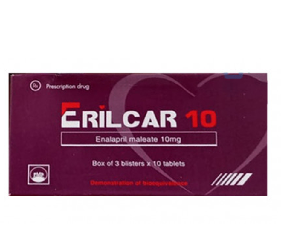 2844. Erilcar 10 (Tđsh Với Renitec) - (Enalapril maleat 10mg) - [Thùng 378 Hộp; Hộp 3 Vỉ; Vỉ 10 Viên] Pymepharco - Việt Nam