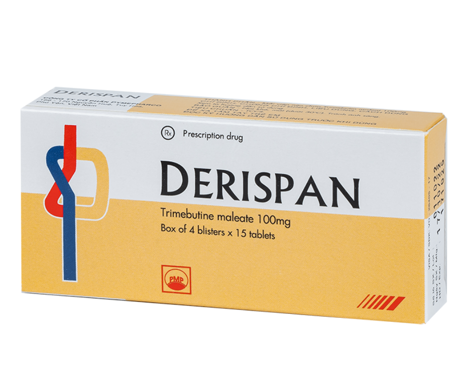 2883. Derispan - (Trimebutine maleate 100mg) - [Thùng 300 hộp; hộp 4 vỉ; vỉ 15 viên] Pymepharco - Việt Nam