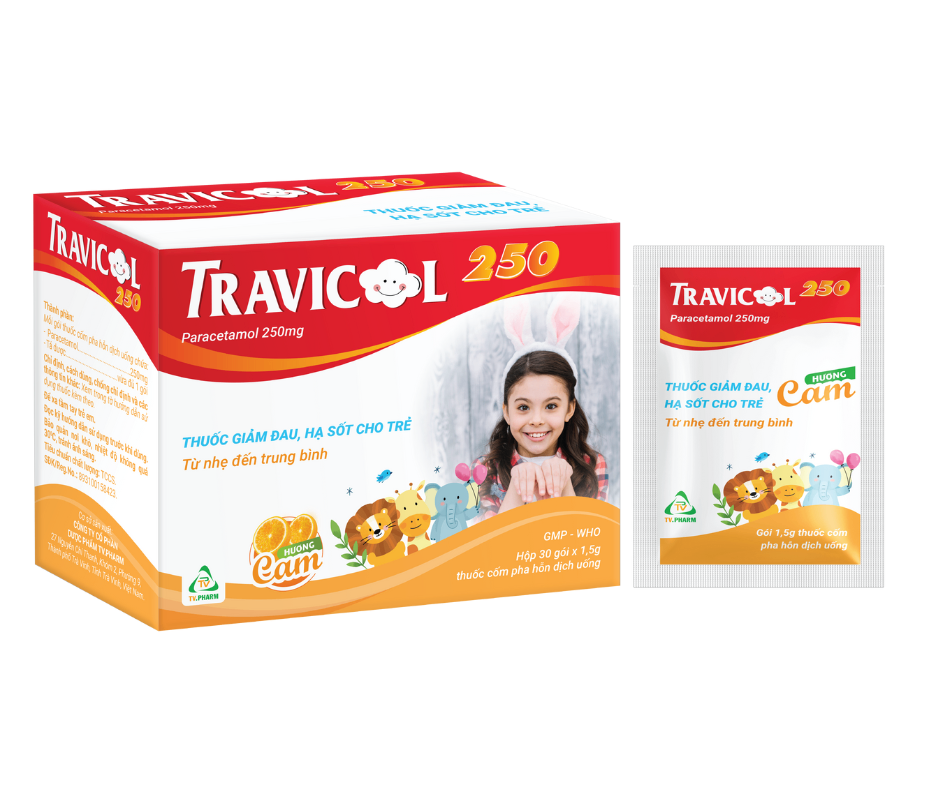 2997. Travicol 250 - (Paracetamol 250mg) - [Thùng 100 Hộp; Hộp 30 Gói; Gói 1.5 G] Trà Vinh - Việt Nam