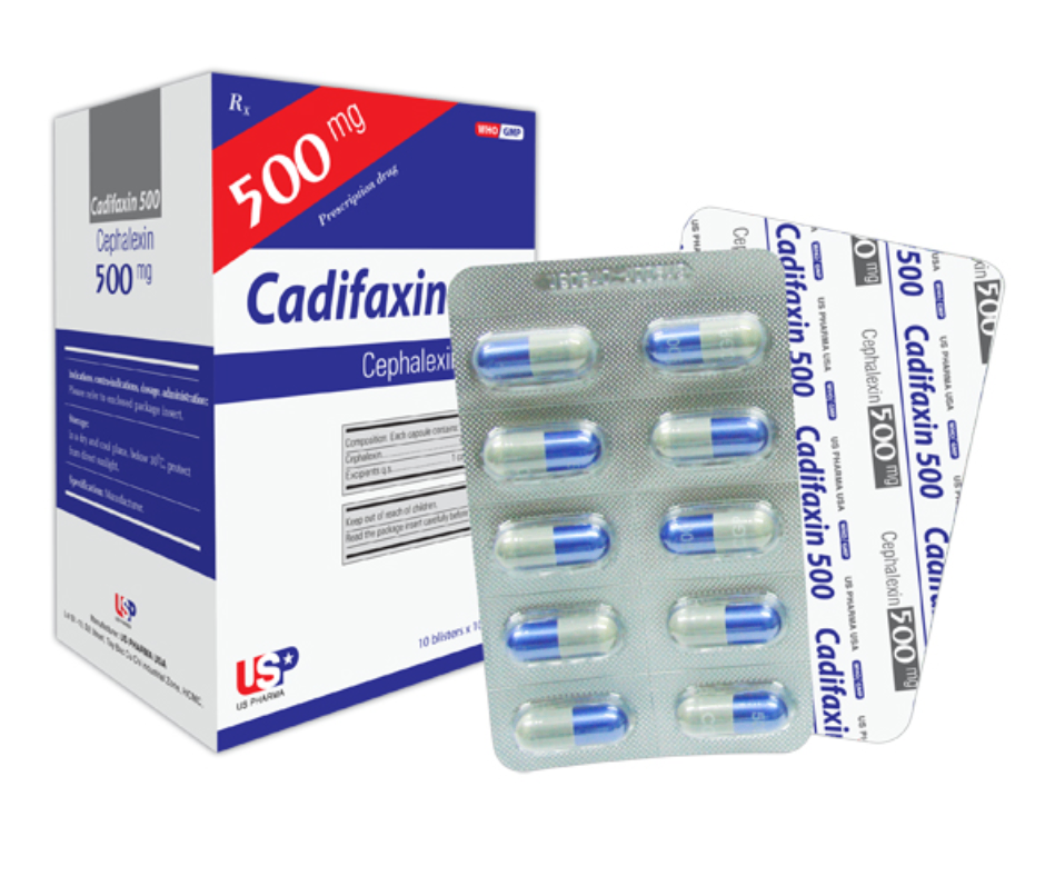 3070. Cadifaxin 500 (Vĩ) (New) - (Cephalexin 500mg) - [Thùng 100 Hộp; Hộp 10 Vỉ; Vỉ 10 Viên] Us Pharma Usa - Việt Nam