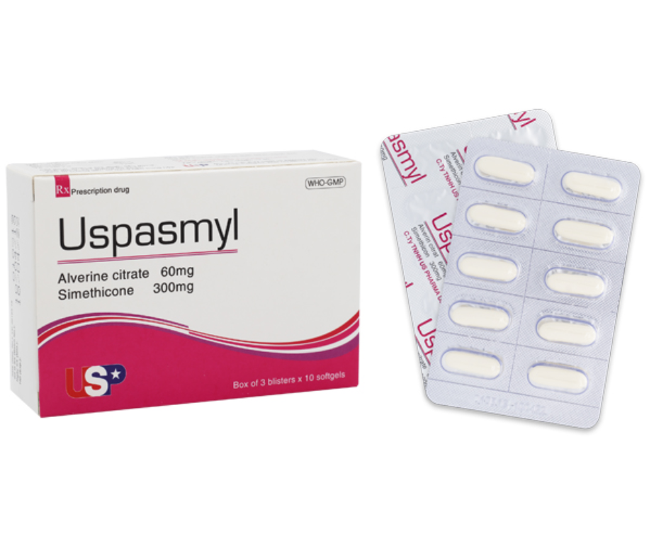 3151. Uspasmyl - (Alverin citrat 60mg + Simethicon 300mg) - [Thùng 184 Hộp; Hộp 3 Vỉ; Vỉ 10 Viên] Us Pharma Usa - Việt Nam