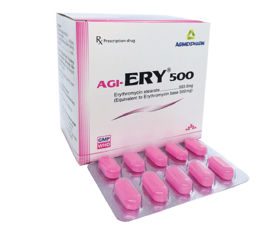 3288. Agi-Ery 500 - (Erythromycin 500mg) - [Thùng 40 Hộp; Hộp 10 Vỉ; Vỉ 10 Viên] Agimexpharm - Việt Nam