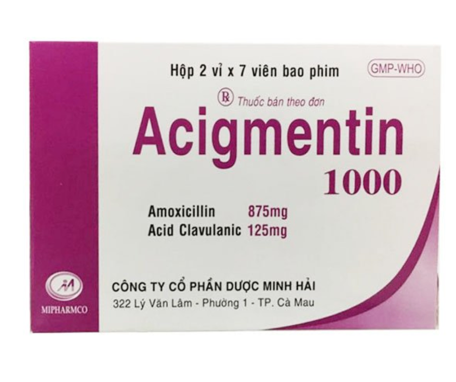 3292. Acigmentin 1000 - (Amoxicillin 875mg + Acid Clavulanic 125mg) - [Thùng 192 Hộp; Hộp 2 Vỉ; Vỉ 7 Viên] Minh Hải - Việt Nam