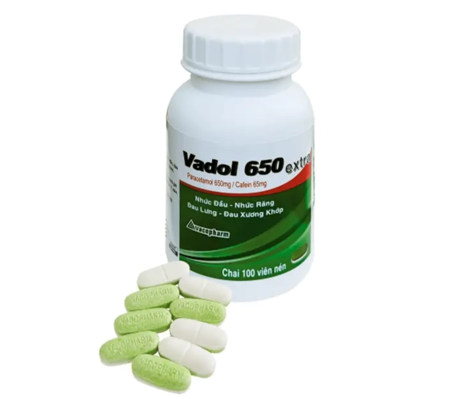 3309. Vadol 650 Extra - (Paracetamol 650mg + Cafein 65mg) - [Thùng 70 Chai; Chai 100 Viên] Vacopharm - Việt Nam