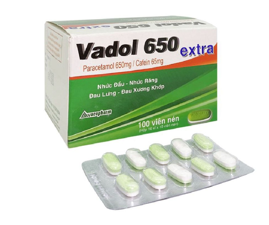 3310. Vadol 650 Extra - (Paracetamol 650mg + Cafein 65mg) - [Thùng 64 Hộp; Hộp 10 Vỉ; Vỉ 10 Viên] Vacopharm - Việt Nam