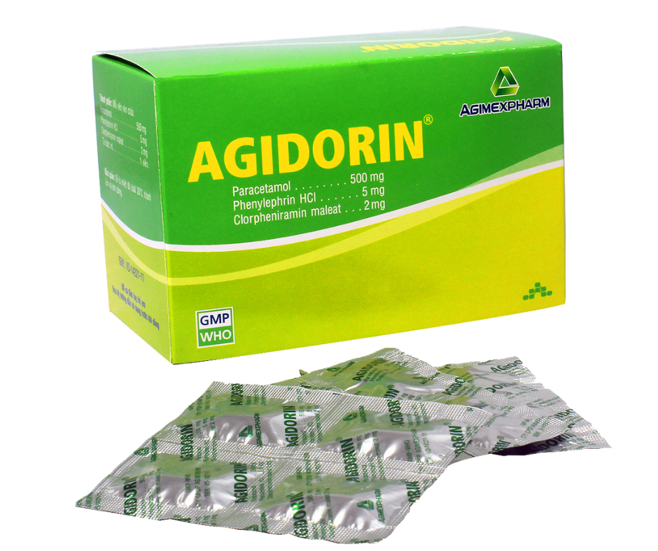3314. Agidorin V4 - (Paracetamol 500mg + Phenylephrin 5mg + Clorpheniramin 2mg) - [Thùng 48 Hộp; Hộp 25 Vỉ; Vỉ 4 Viên] Agimexpharm - Việt Nam