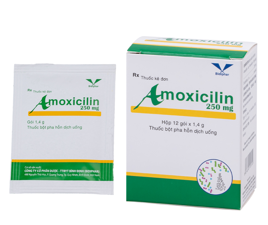 3347. Amoxicilin 250Mg - (Amoxicilin 250mg) - [Thùng 140 Hộp; Hộp 12 Gói; Gói 1.4 G] Bidiphar - Việt Nam