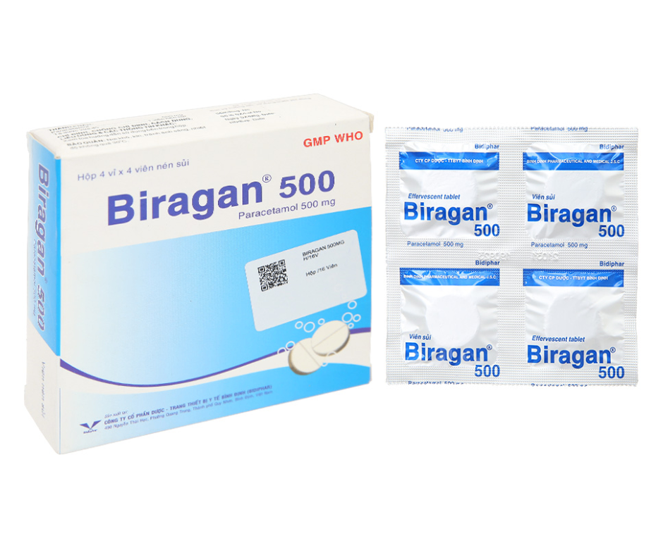 3385. Biragan 500 - (Paracetamol 500mg) - [Thùng 72 Hộp; Hộp 4 Vỉ; Vỉ 4 Viên] Bidiphar - Việt Nam