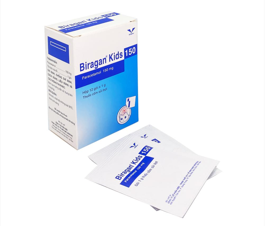 3388. Biragan Kids 150 - (Paracetamol 150mg) - [Thùng 108 Hộp; Hộp 12 gói; gói 1 G] Bidiphar - Việt Nam