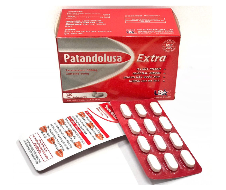 3553. Patandolusa Extra - (Paracetamol 500mg + Cafein 50mg) - [Thùng 135 Hộp; Hộp 10 Vỉ; Vỉ 12 Viên] Pp.pharco - Việt Nam