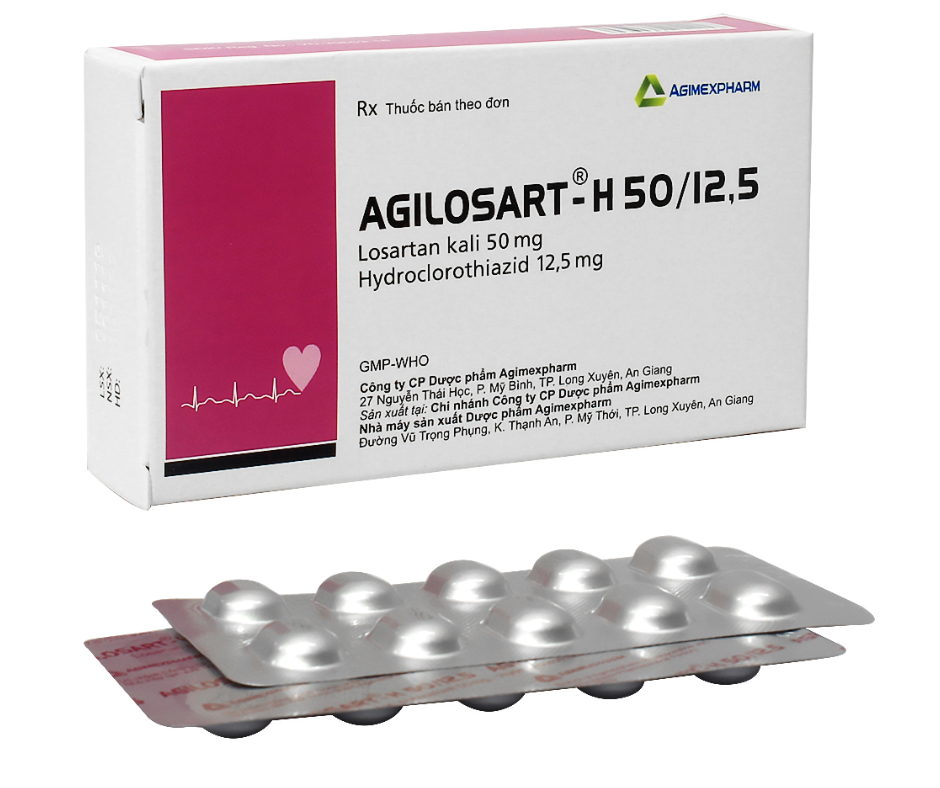 3800. Agilosart-H 50/12,5 - (Losartan kali 50mg + Hydroclorothiazid 12.5mg) - [Thùng 240 Hộp; Hộp 3 Vỉ; Vỉ 10 Viên] Agimexpharm - Việt Nam