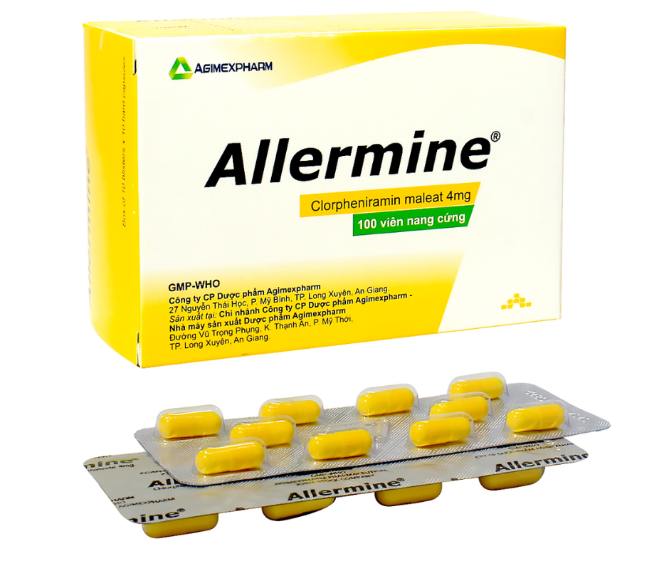 3882. Allermine 4 Cap - (Clorpheniramin maleat 4mg) - [Thùng 100 Hộp; Hộp 10 Vỉ; Vỉ 10 Viên] Agimexpharm - Việt Nam