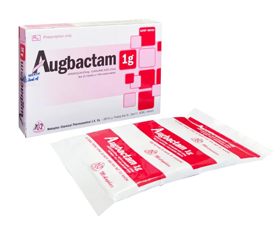 3995. Augbactam 1G - (Amoxicilin 875mg + Acid clavulanic 125mg) - [Thùng 66 Hộp; Hộp 2 Vỉ; Vỉ 7 Viên] Mekophar - Việt Nam