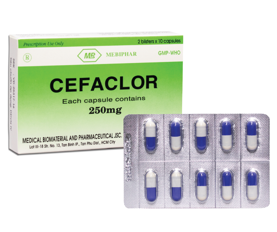 3998. Cefaclor 250Mg - (Cefaclor 250mg) - [Thùng 336 hộp; hộp 2 vỉ; vỉ 10 viên] Cty Cp Dp Và Sinh Học Y Tế-Mebiphar - Việt Nam