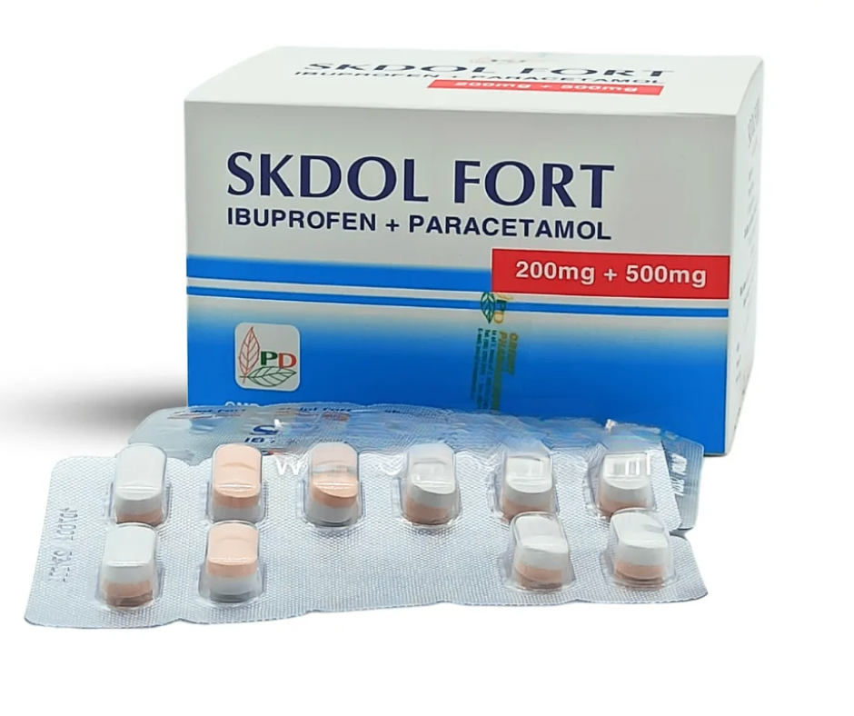 4033. Skdol Fort - (Paracetamol 500mg + Ibuprofen 200mg) - [Thùng 100 hộp; hộp 10 vỉ; vỉ 10 viên] Phương Đông - Việt Nam