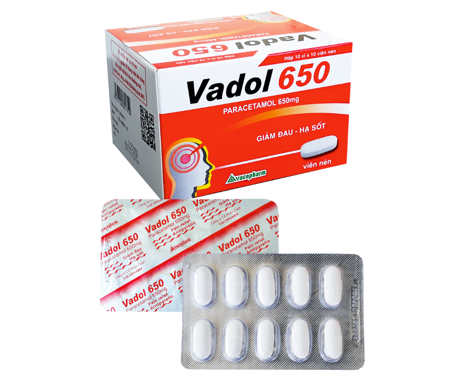 4036. Vadol 650 - (Paracetamol 650mg) - [Thùng 64 Hộp; Hộp 10 Vỉ; Vỉ 10 Viên] Vacopharm - Việt Nam