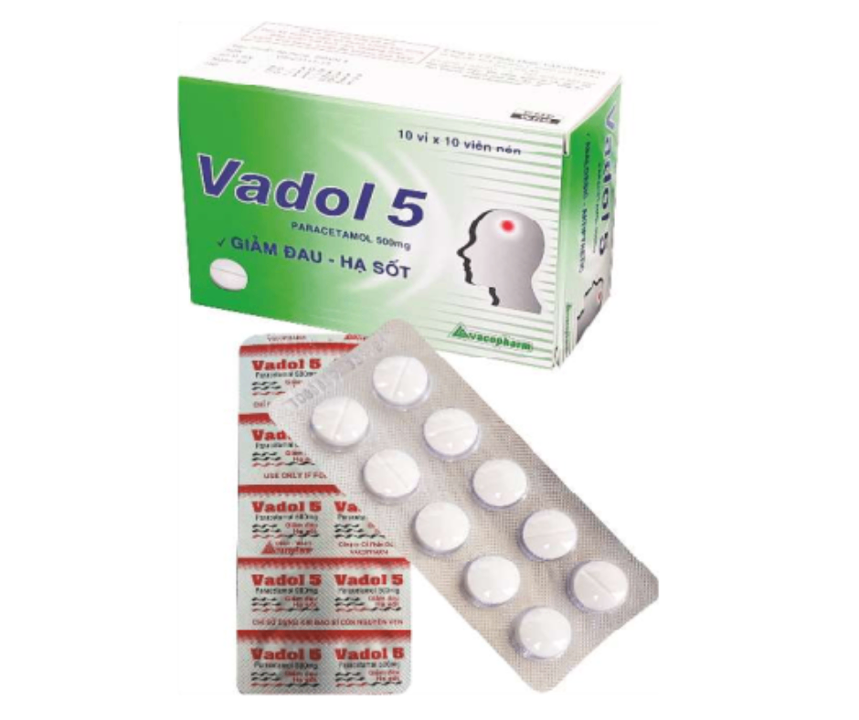 4522. Vadol 5 (Tron) - (Paracetamol 500mg) - [Thùng 105 hộp; hộp 10 vỉ; vỉ 10 viên] Vacopharm - Việt Nam