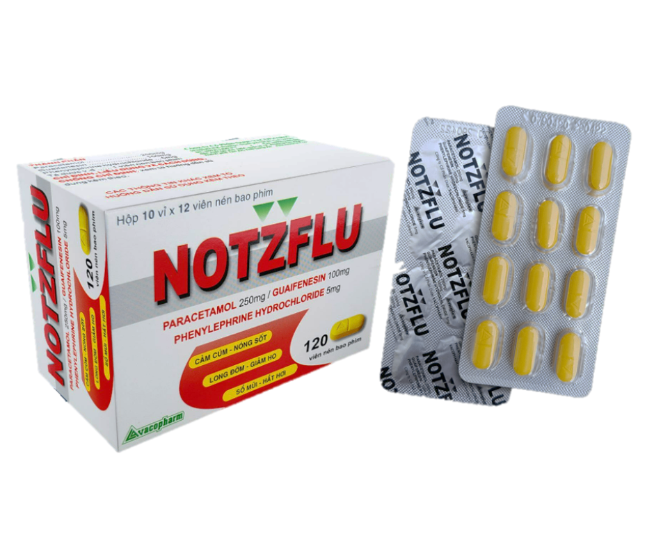 4538. Notzflu - (Paracetamol 250mg + Guaifenesin 100mg + Phenylephrin 5mg) - [Thùng 90 hộp; hộp 10 vỉ; vỉ 12 viên] Vacopharm - Việt Nam