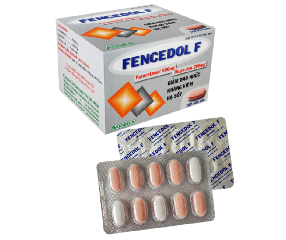 4541. Fencedol F - (Paracetamol 500mg + Ibuprofen 200mg) - [Thùng 64 hộp; hộp 10 vỉ; vỉ 10 viên] Vacopharm - Việt Nam