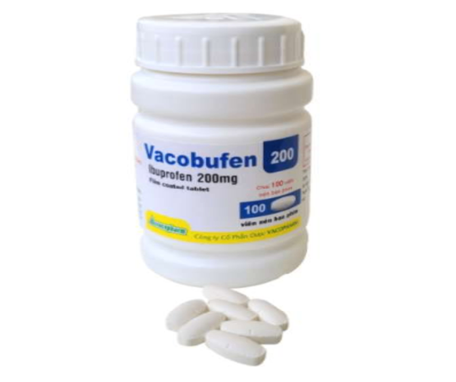 4482. Vacobufen 200 (Caplet) - (Ibuprofen 200mg) - [Thùng 120 chai; chai 100 viên] Vacopharm - Việt Nam