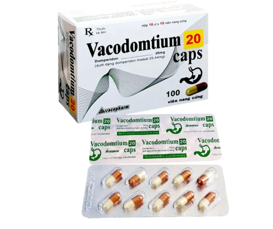 4469. Vacodomtium 20 Caps - (Domperidon (dưới dạng domperidon maleat) 20mg) - [Thùng 80 hộp; hộp 10 vỉ; vỉ 10 viên] Vacopharm - Việt Nam